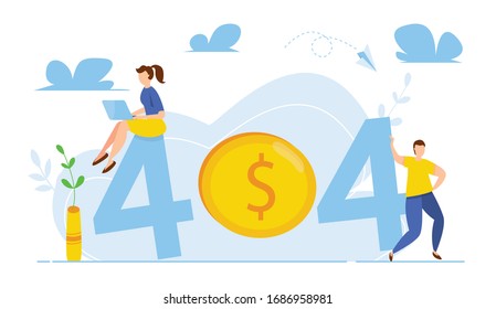 Modern vector illustration of 404 error. Page not found concept. Business concept of economic decline. Coin. Disconnection from the internet. Sad people without connection