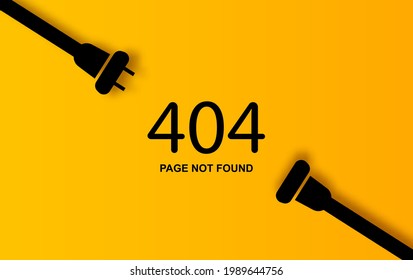 Modern vector illustration of 404 error page vector template for website, Electric Plug and Socket unplugged. Concept of Electrical theme web banner, disconnection, loss of connect. yellow