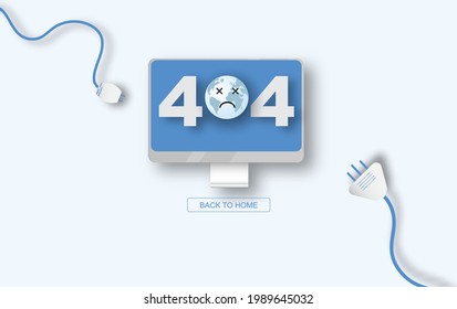 Modern vector illustration of 404 error page vector template for website, Computer desktop Electric Plug and Socket unplugged. Concept of Electrical theme web banner, disconnection, loss of connect.