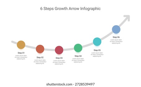 Ilustración vectorial moderna de una infografía de flecha de crecimiento de 6 pasos, perfecta para visualizar el flujo del proceso, el desarrollo comercial o el progreso secuencial. Utilice este diseño para presentar objetivos, hitos o logros de línea de tiempo de manera efectiva.