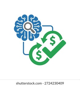 ilustração vetorial moderna de verificação de pagamento de ai com um cérebro digital com uma lupa inspecionando transações financeiras e símbolos de dólar para sistemas bancários automatizados seguros