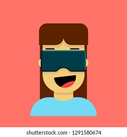 Modern vector illustration with amazed young girl in virtual reality glasses. 