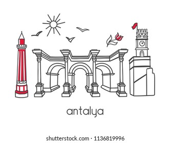 Modern vector illustration Antalya, Turkey with outline elements of famous turkish attractions. Minaret, gate, clock tower, seagulls, sun and tulip flower. Travel card, poster, banner design.