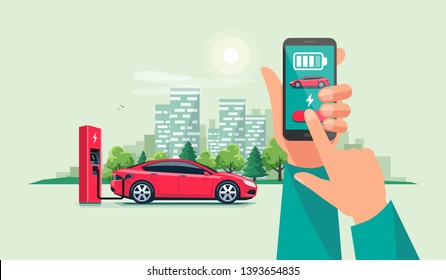Moderna ilustración vectorial de la carga autónoma de camión eléctrico inteligente en una estación de cargadores controlada mediante una aplicación de carga de smartphones. Teléfono con manos con aplicación inteligente de carga de batería. Cielo urbano.