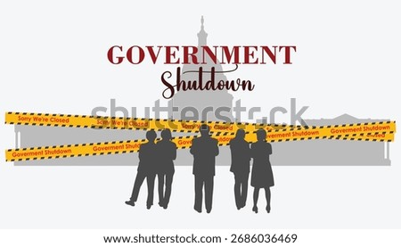 Modern vector illustration background with Government shutdown and Sorry We're Closed tape with Red text and US Capitol building Silhouette in the back.