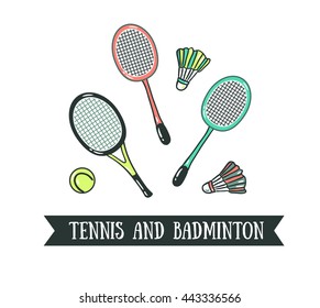 Modern vector illustration of badminton racket and big tennis, sports set.