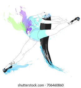 Modern vector illustration of ballerina. Dancing girl with long hair.