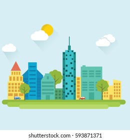 Modern vector illustration banner set of urban landscape and city life. Building icon