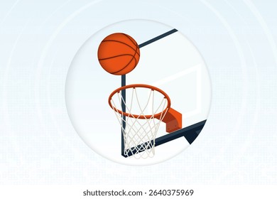 Modern vector illustration of a basketball just above the hoop, framed inside a circular interface with a subtle tech-style background. 