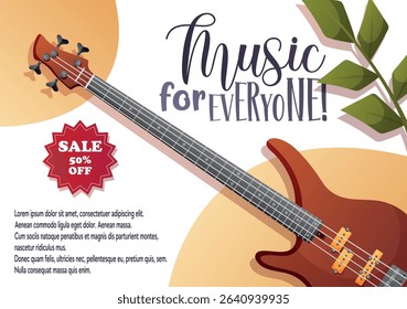 Modern vector illustration with bass guitar and discount tag. Perfect for music stores, promo ads and festival content.
