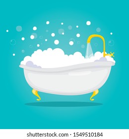 Modern vector illustration of bathtub with foam shower and soap bubbles 