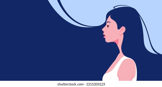 Modern vector illustration of a beautiful woman with long hair in profile. Template for postcards, congratulations, flyers, banners for a beauty salon, hairdresser or women's day, March 8.