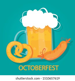 Modern vector illustration of beer, pretzel and german sausage. Symbol of octoberfest