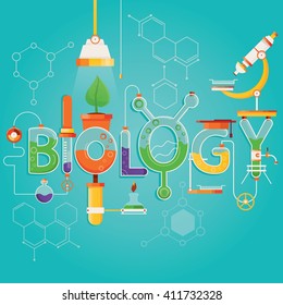 Modern vector illustration of biology inscription with different symbols and science equipment 