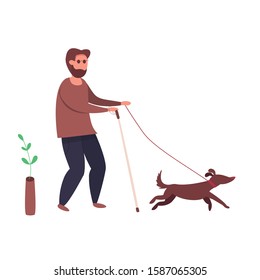 Modern vector illustration of blind man with guide dog. Disabled and healthy Pedestrian with pet. Assistance dog with owner. 