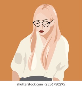 Modern vector illustration of a blond woman with glasses reading a book. Neutral tones and clean background. Perfect for education, literature, or lifestyle topics