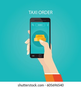 Modern vector illustration of booking taxi via mobile app