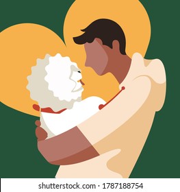 Modern vector illustration of boy and dog holding each other surrounding by hearts.