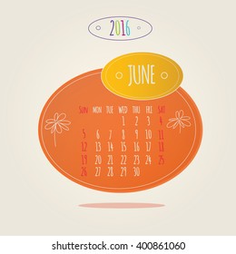 Modern vector Illustration of brightness colorful calendar June 2016