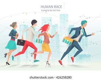 Modern vector illustration / Business concept of competition and rivalry/  trying to be leader /  office employees /  life in big city /  can be used for websites and banners / efficiency