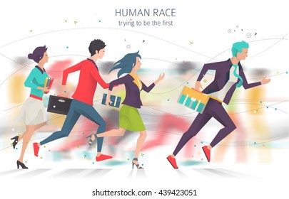 Modern vector illustration / Business concept of competition and rivalry/  trying to be leader /  office employees /  life in big city /  can be used for websites and banners / efficiency