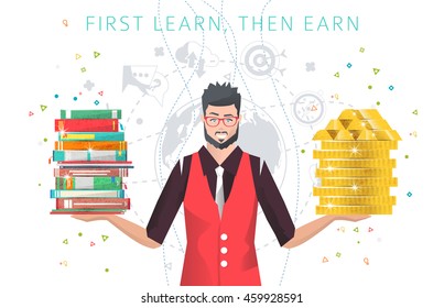 Modern vector illustration / Business concept of  searching best idea to make money / learn then earn /  can be used for websites and banners 