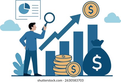 ilustração vetorial moderna de um homem de negócios segurando uma lupa examinando um conjunto de gráficos de barras simbolizando análise de dados, insight financeiro, business intelligence e pesquisa de mercado. 