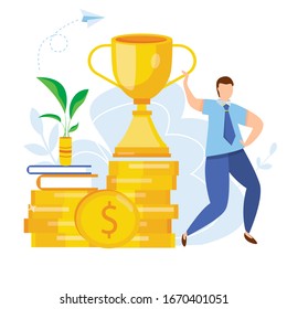 Modern vector illustration of businessman near a trophy. Gold cup for financial profit. Successful cute man with a reward. Coins and books.