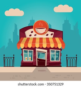 Modern vector illustration of cafe building facade on city background