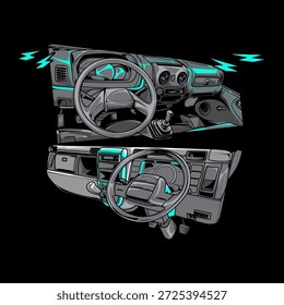 Ilustración vectorial moderna del interior de un coche con detalles del salpicadero y el volante, presentada en una perspectiva limpia y estilizada. La obra de arte destaca el arte lineal preciso, las Formas geométricas y los colores de acento sutiles, lo que la hace adecuada para gráficos automotrices, diseño de prendas de vestir, carteles, ilustraciones digitales, conceptos de interfaz de usuario y proyectos de diseño creativo.