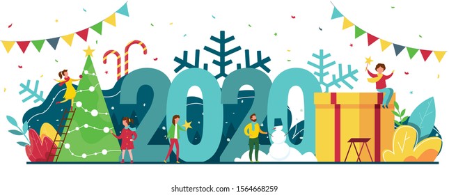Modern vector illustration of celebrating the New Year concept. People are celebrating and dancing near 2020 numbers with fireworks, gits and Christmas tree. For banners, web and postcards.