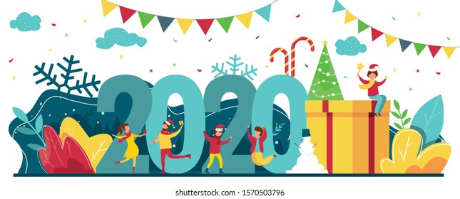 Modern vector illustration of celebrating the New Year concept. People are celebrating and dancing near 2020 numbers with fireworks, gits and Christmas tree. For banners, web and postcards.