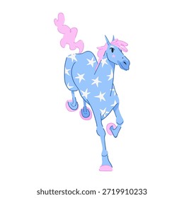 Ilustração vetorial moderna de um mascote de cavalo azul celeste adornado com estrelas brancas isoladas sobre fundo branco. Perfeito para gráficos infantis, cartões de férias, logotipos e projetos de marca mágica