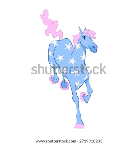Modern vector illustration of a celestial blue horse mascot adorned with white stars isolated on white background. Perfect for kids' graphics, holiday cards, logos, and magical branding projects
