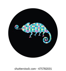 Modern vector illustration of the chameleon made in colorful mosaic. Perfect for t-shirt design. Easy to print on fabric and paper.