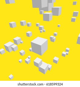Modern vector illustration with chaotic array of gray cubes. Soaring rectangular 3d shapes on the colorful background. Random geometric composition with square blocks. Element of contemporary design.
