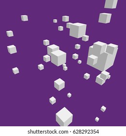 Modern vector illustration with chaotic array of gray cubes. Soaring rectangular 3d shapes on the colorful background. Random geometric composition with square blocks. Element of contemporary design.
