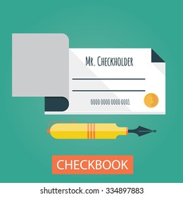 Modern Vector Illustration Of Checkbook. Payments By Checkbook.