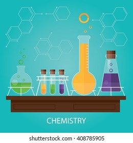 Modern vector illustration of chemistry, education concept. Lab test and research equipment.Laboratory workspace and science equipment concept