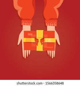 Modern vector illustration of Christmas gift in human hands. Red box with yellow ribbon.