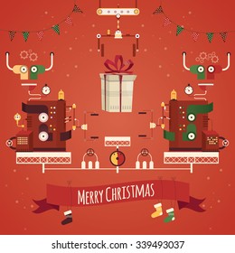 Modern vector illustration of christmas gifts factory. 