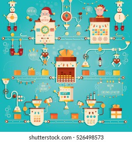 Modern vector illustration of Christmas gifts factory. Industry of new year celebration. 
