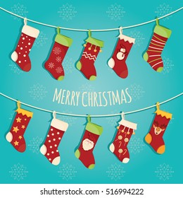 Modern vector illustration of Christmas socks with different design. Isolated on snowflakes background