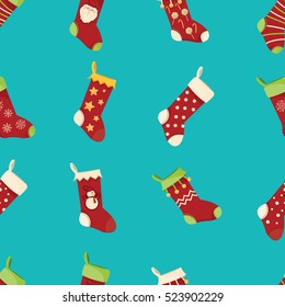 Modern vector illustration of Christmas socks with different design. Isolated on snowflakes background. Seamless pattern.