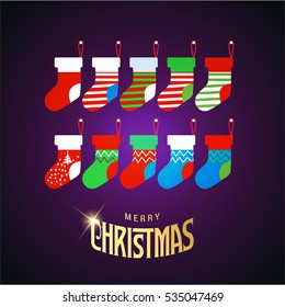 Modern vector illustration of Christmas socks with different design. Isolated on snowflakes background