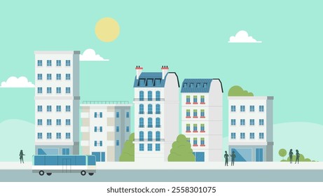 A modern vector illustration of a cityscape featuring stylish buildings, a bus, greenery, and people in a serene urban setting. Perfect for themes of architecture, city life, and minimalism.