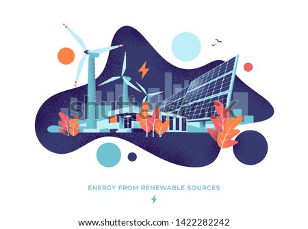Modern vector illustration of clean electric energy from renewable sources. Sustainable renewal power plant station with solar panels, wind turbines and battery storage. City fluid shape background.