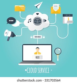 Modern vector illustration of clod servece. Personal computer.