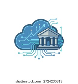 moderne Vektorgrafik eines Cloud-Banking-Systems mit einem klassischen Bankgebäude, das mit digitalen Schaltkreisen integriert ist, und einem Wachstumspfeil, der sichere Online-Finanzdienstleistungen und Fintech symbolisiert