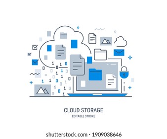 Modern vector illustration of cloud storage. Information sharing and saving. Editable stroke.